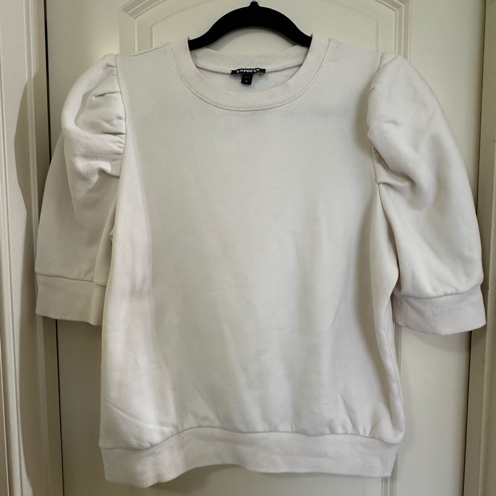 Express White Crew Neck Puff Sleeve Fleece Sweatshirt